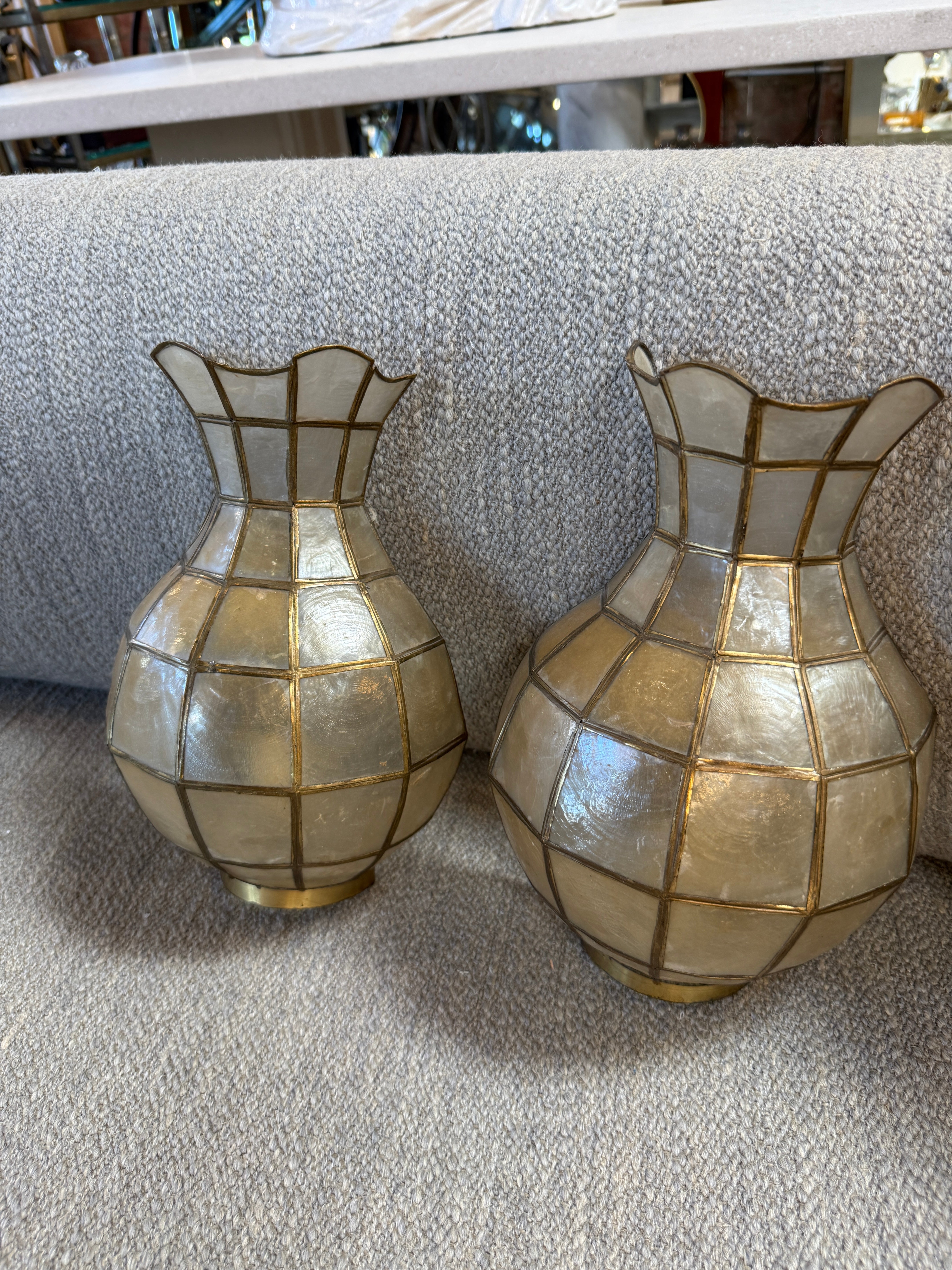 Pair of Capiz Shell and Brass Wall Sconces Small, 1970s