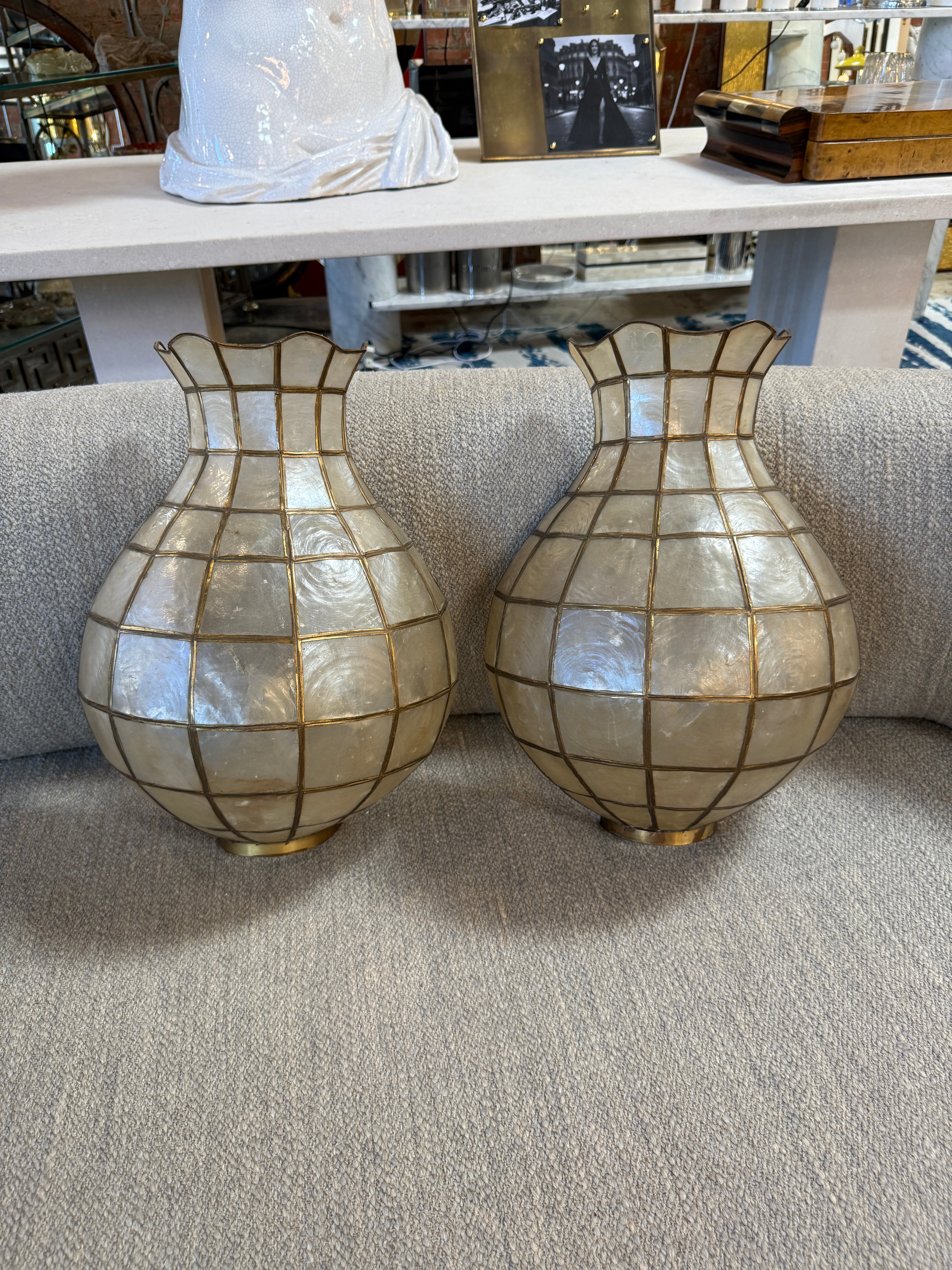 Pair of Capiz Shell and Brass Wall Sconces Large, 1970s