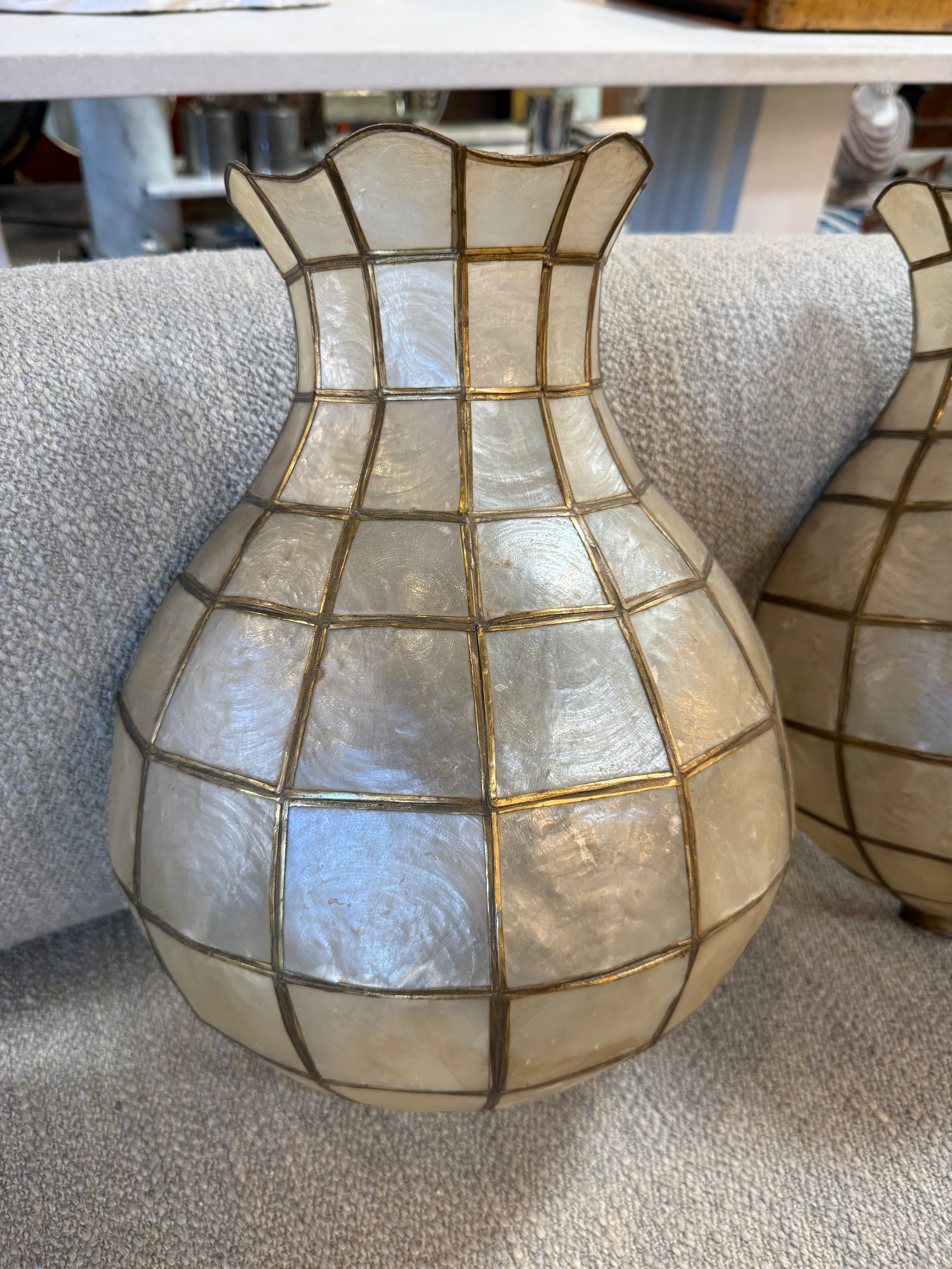 Pair of Capiz Shell and Brass Wall Sconces Large, 1970s