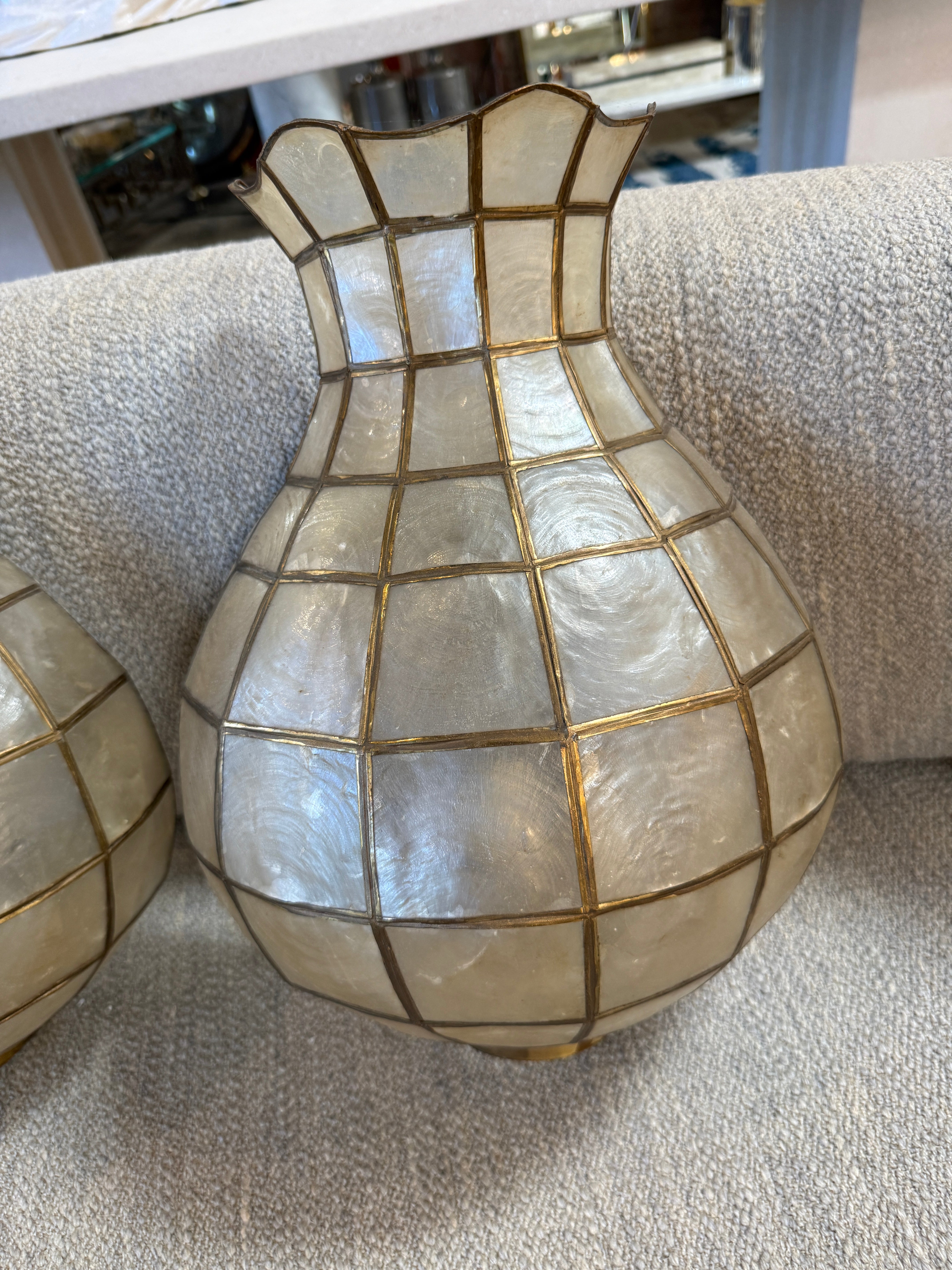 Pair of Capiz Shell and Brass Wall Sconces Large, 1970s