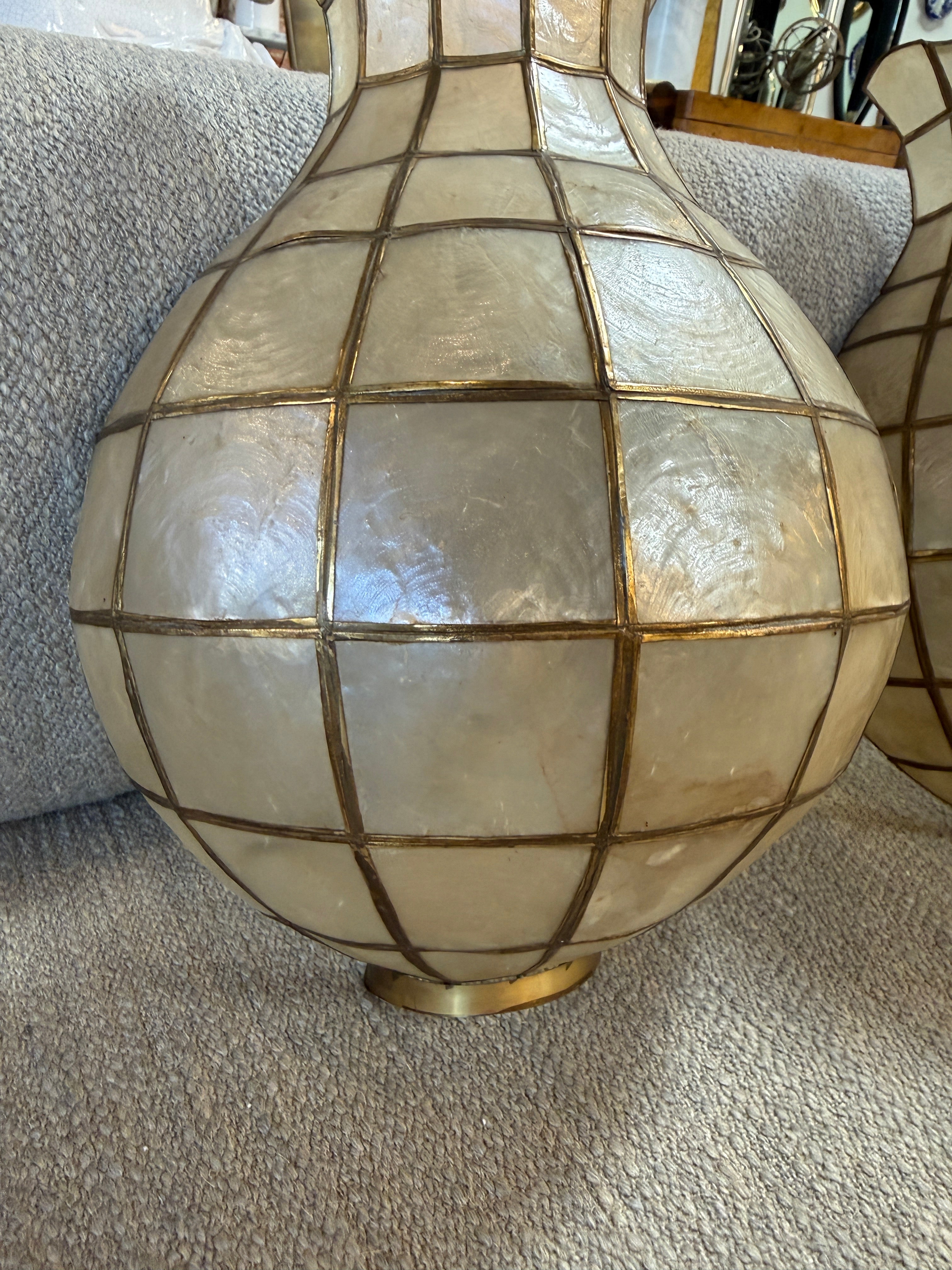 Pair of Capiz Shell and Brass Wall Sconces Large, 1970s