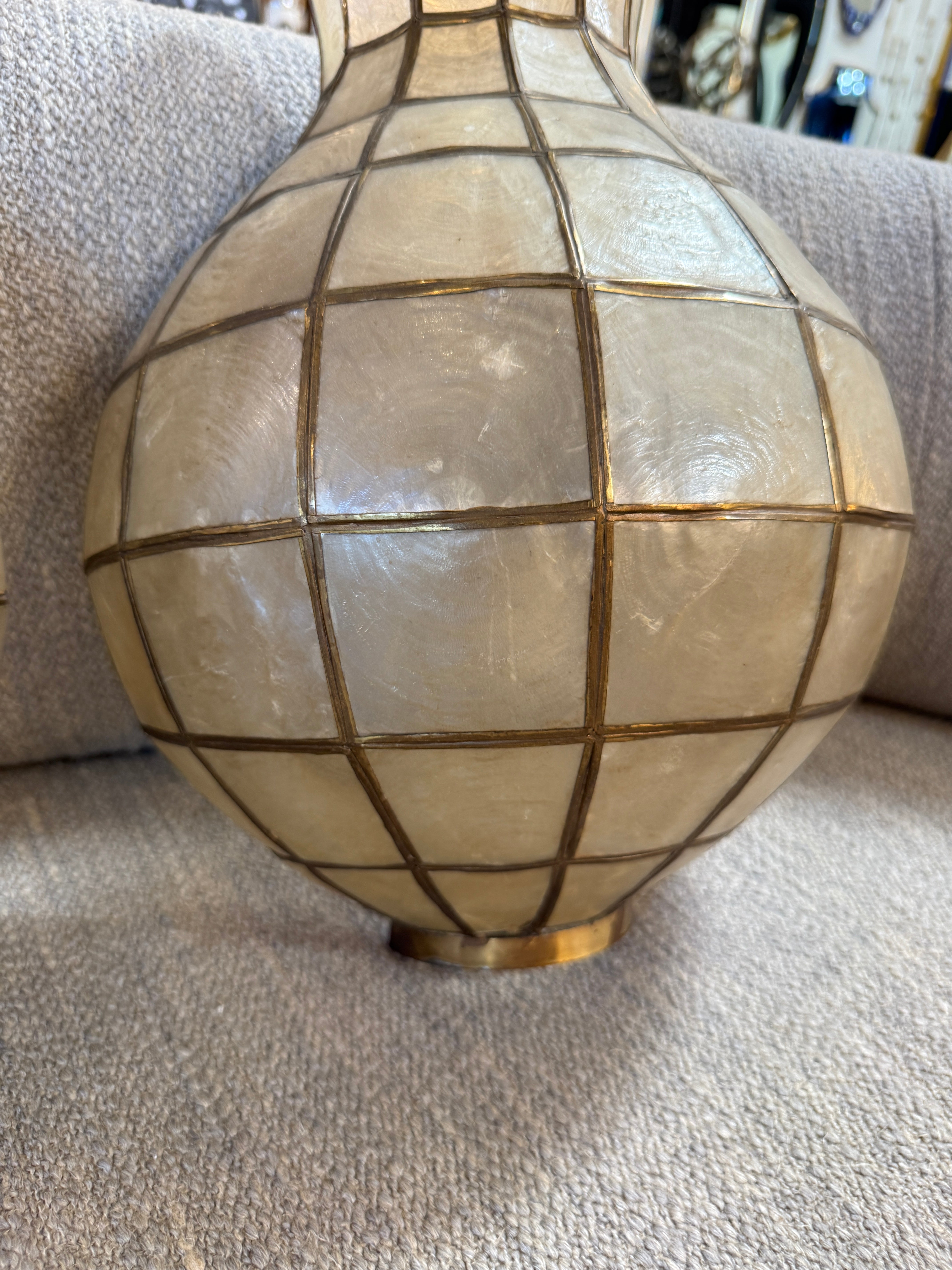 Pair of Capiz Shell and Brass Wall Sconces Large, 1970s