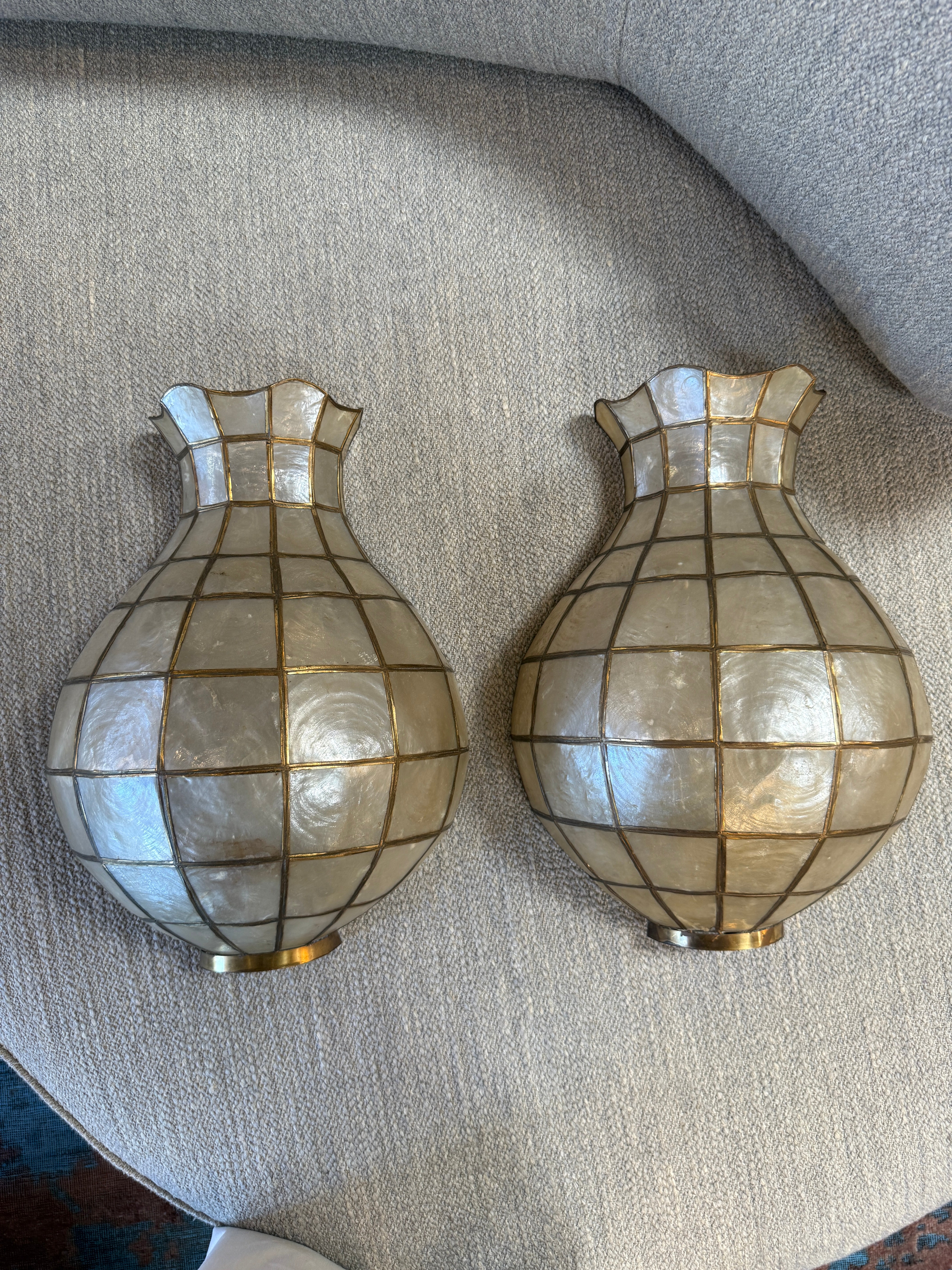 Pair of Capiz Shell and Brass Wall Sconces Large, 1970s