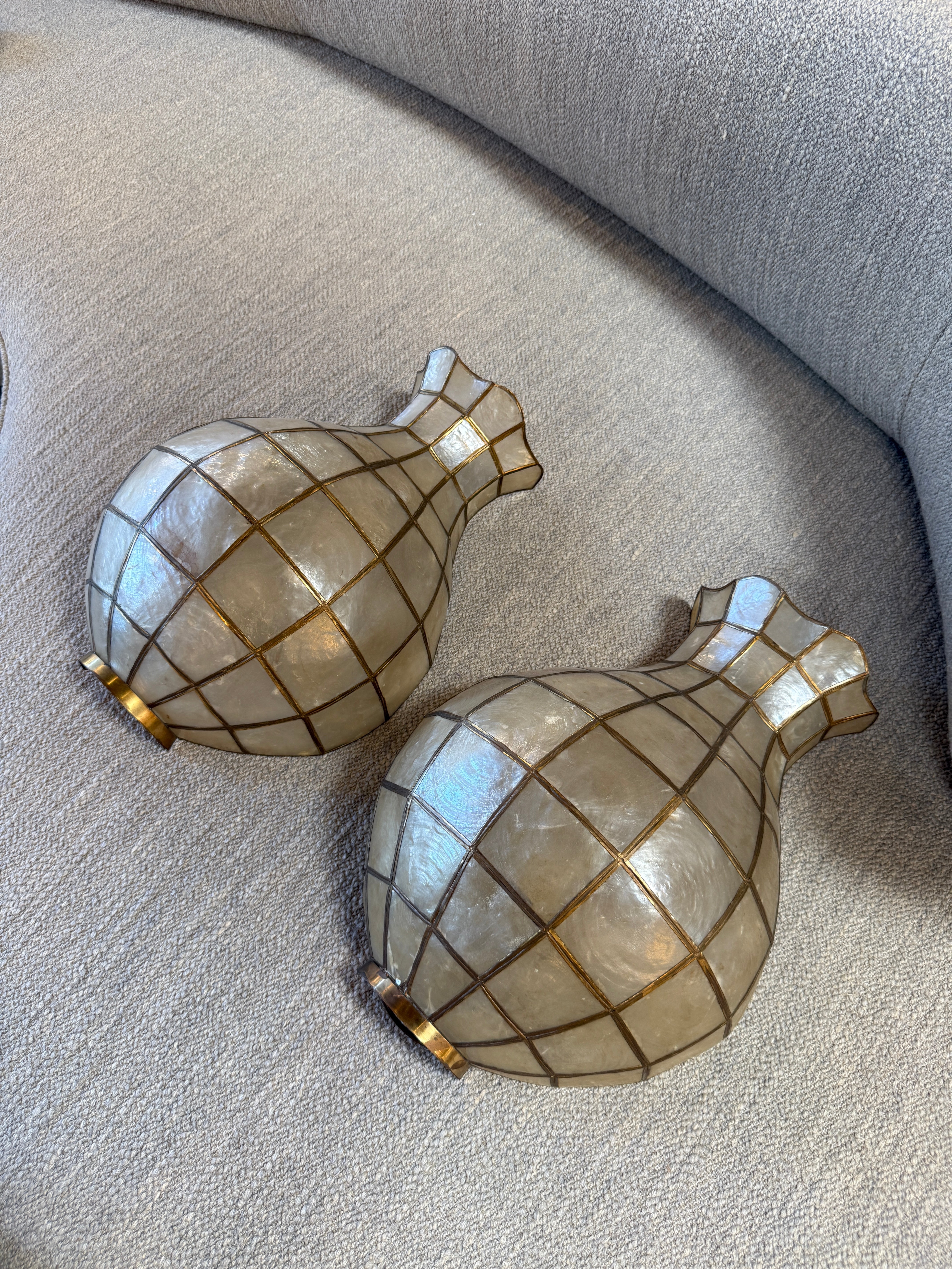 Pair of Capiz Shell and Brass Wall Sconces Large, 1970s