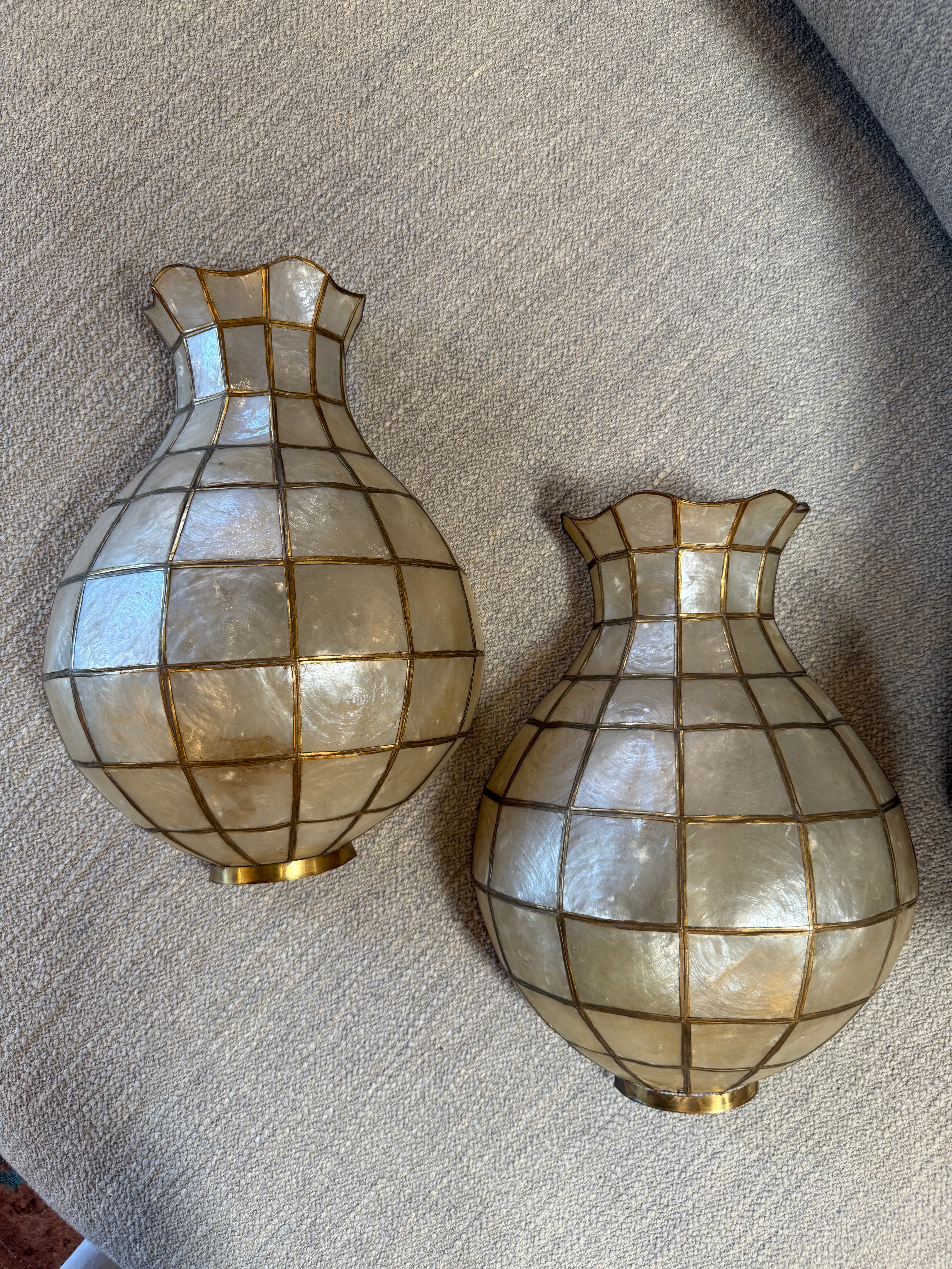 Pair of Capiz Shell and Brass Wall Sconces Large, 1970s