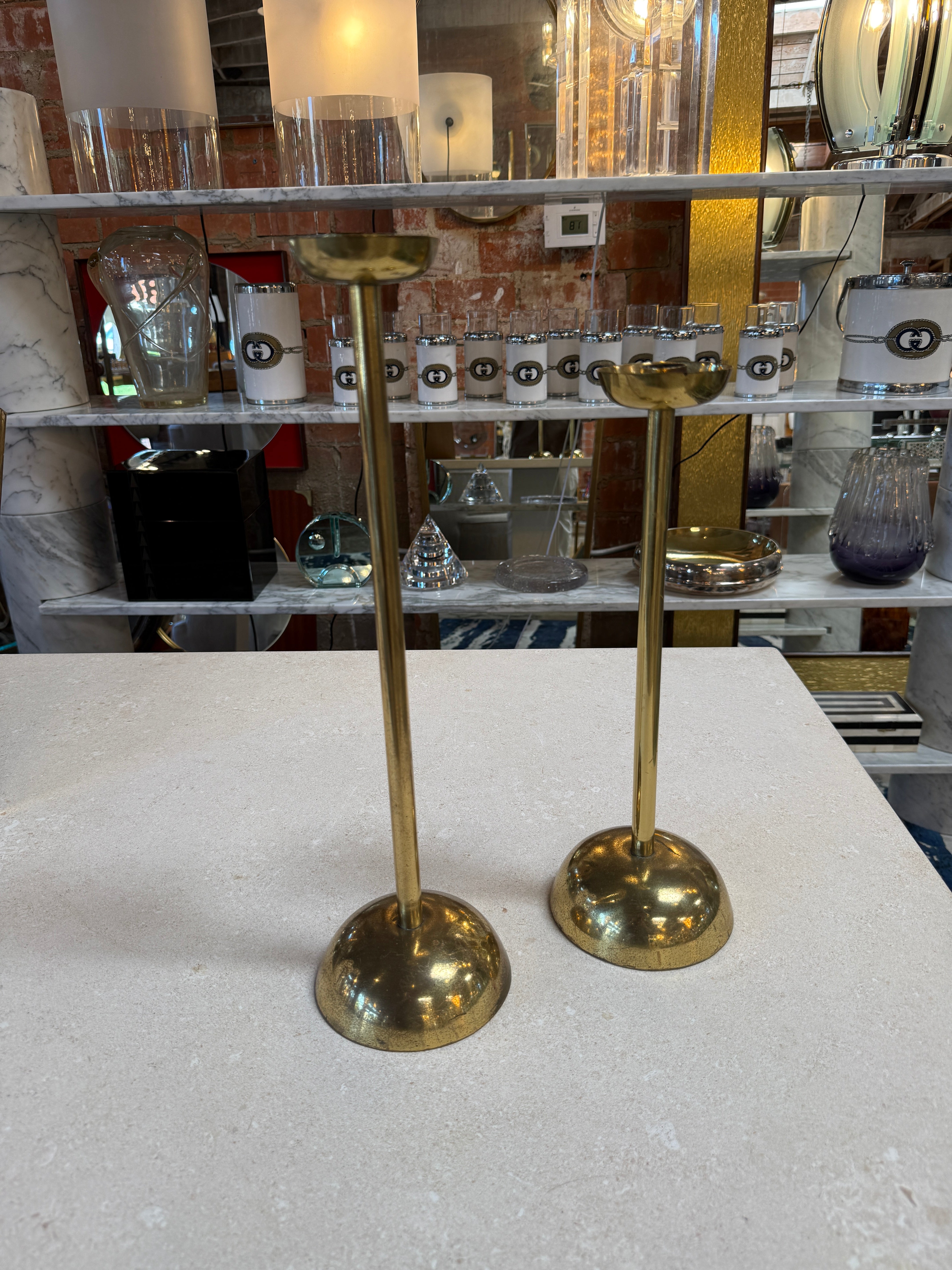 Pair of Mid-Century Italian Brass Candlesticks with Sculptural Domed Bases, 1960