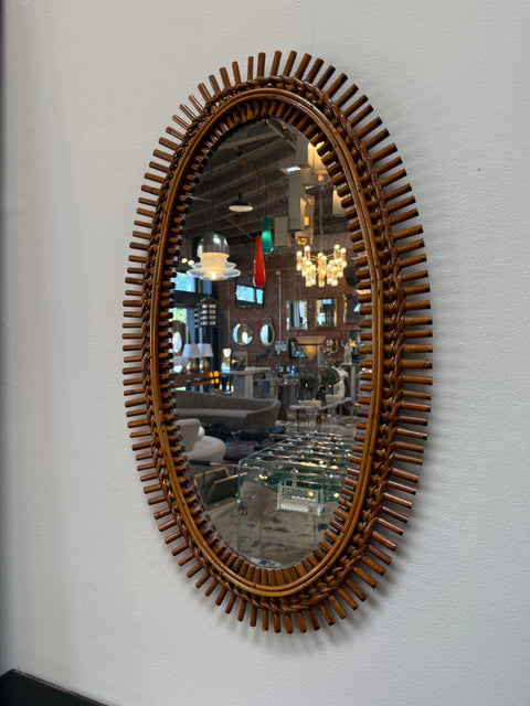 Mid-Century Italian Oval Rattan and Wicker Sunburst Mirror, 1960s