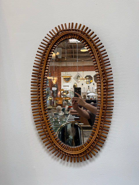 Mid-Century Italian Oval Rattan and Wicker Sunburst Mirror, 1960s