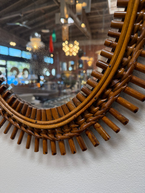 Mid-Century Italian Oval Rattan and Wicker Sunburst Mirror, 1960s