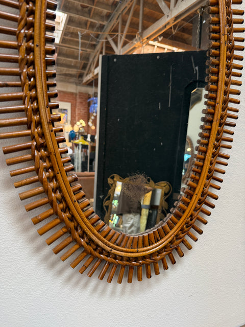 Mid-Century Italian Oval Rattan and Wicker Sunburst Mirror, 1960s