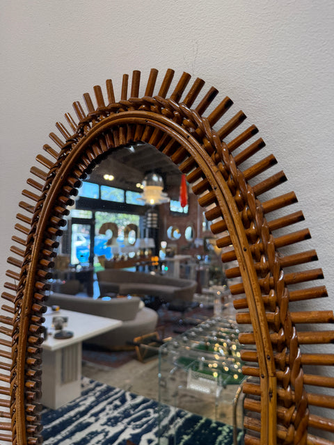Mid-Century Italian Oval Rattan and Wicker Sunburst Mirror, 1960s