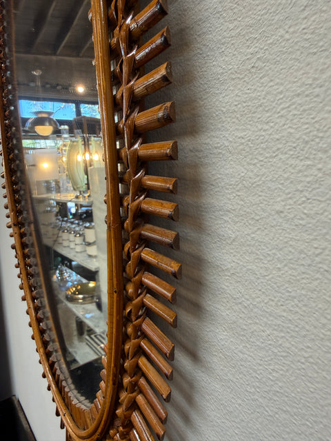 Mid-Century Italian Oval Rattan and Wicker Sunburst Mirror, 1960s