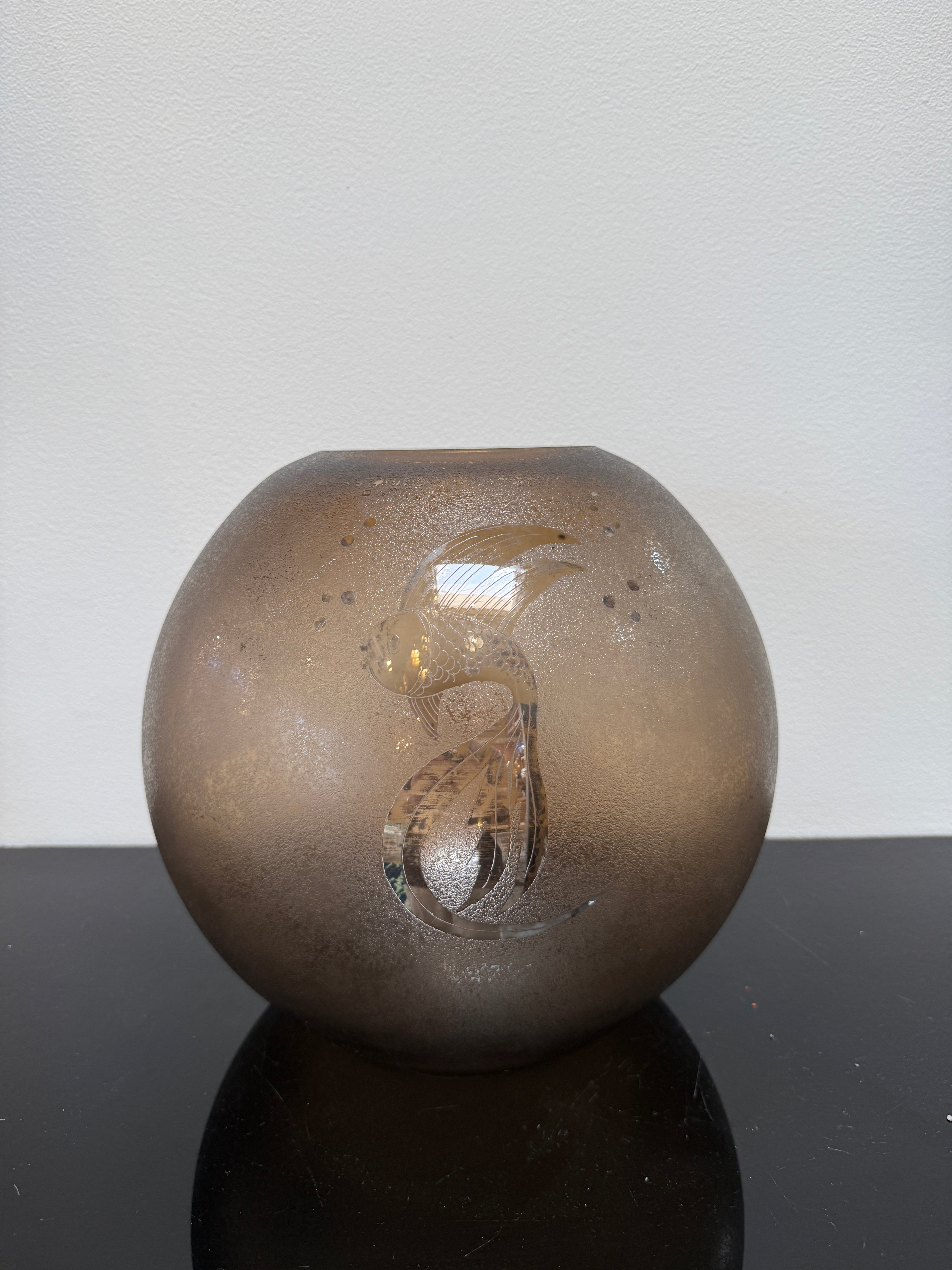 Italian Smoky Murano Glass Vase with Etched Fish Motif, 1970s