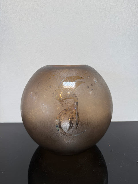 Italian Smoky Murano Glass Vase with Etched Fish Motif, 1970s