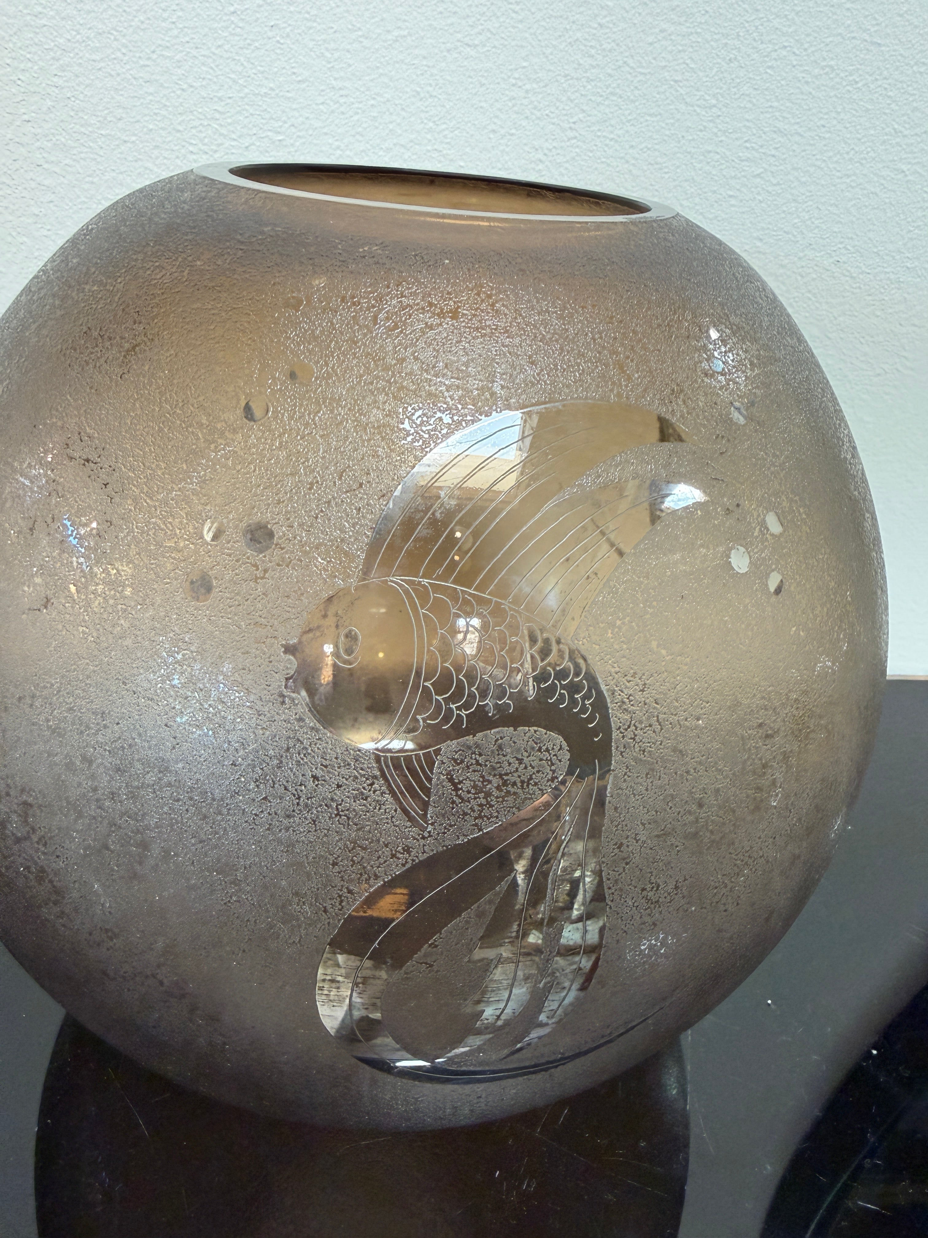 Italian Smoky Murano Glass Vase with Etched Fish Motif, 1970s