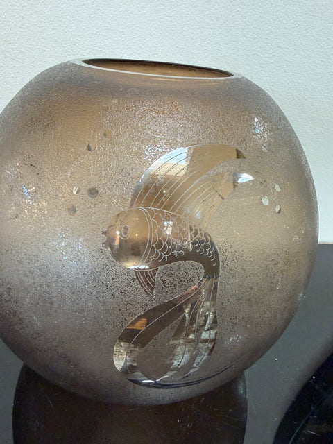 Italian Smoky Murano Glass Vase with Etched Fish Motif, 1970s