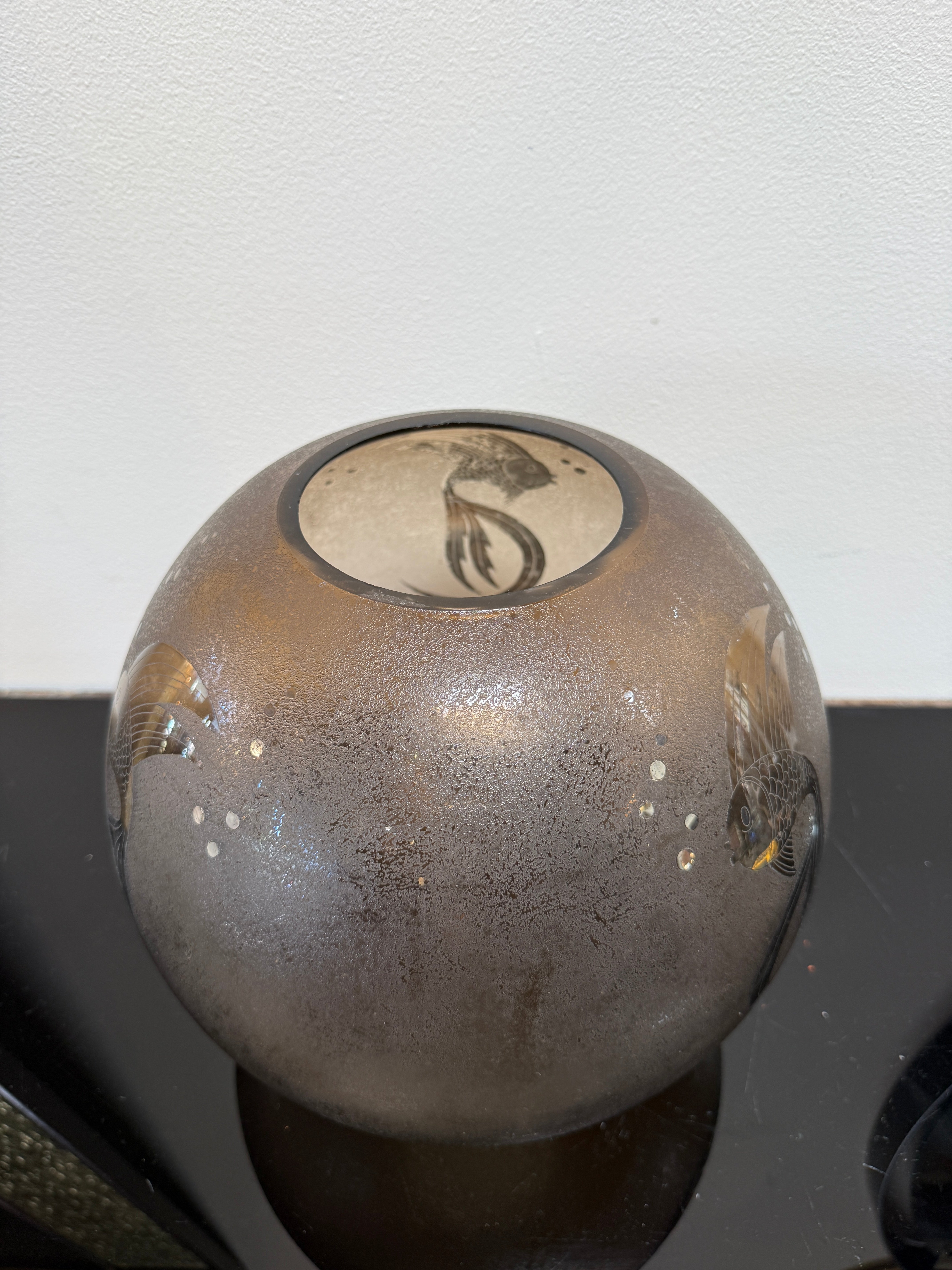 Italian Smoky Murano Glass Vase with Etched Fish Motif, 1970s