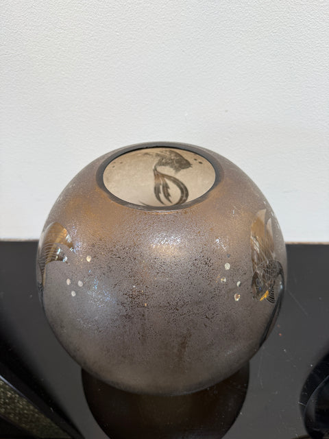 Italian Smoky Murano Glass Vase with Etched Fish Motif, 1970s