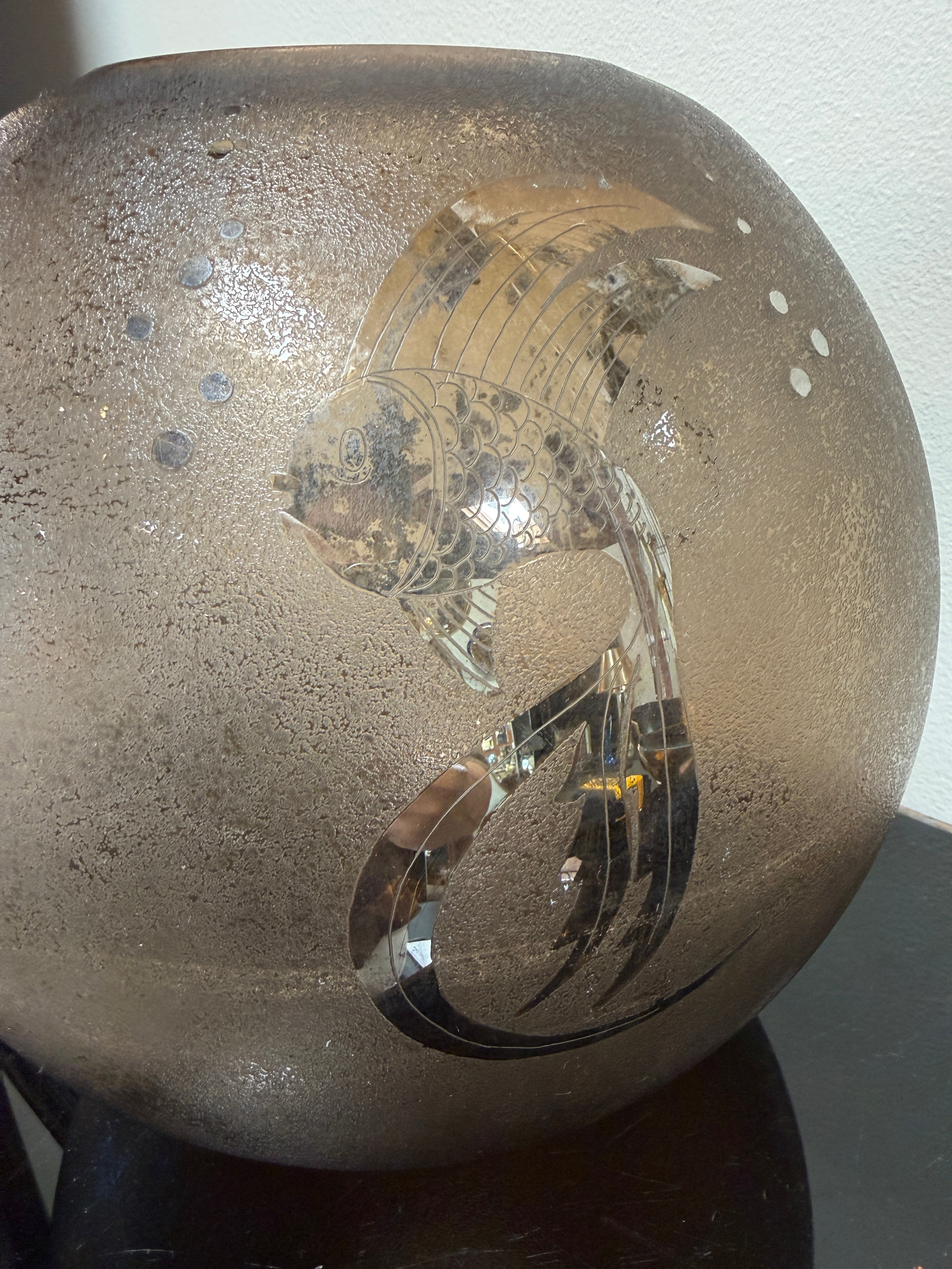 Italian Smoky Murano Glass Vase with Etched Fish Motif, 1970s