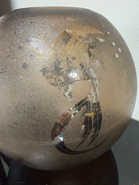 Italian Smoky Murano Glass Vase with Etched Fish Motif, 1970s