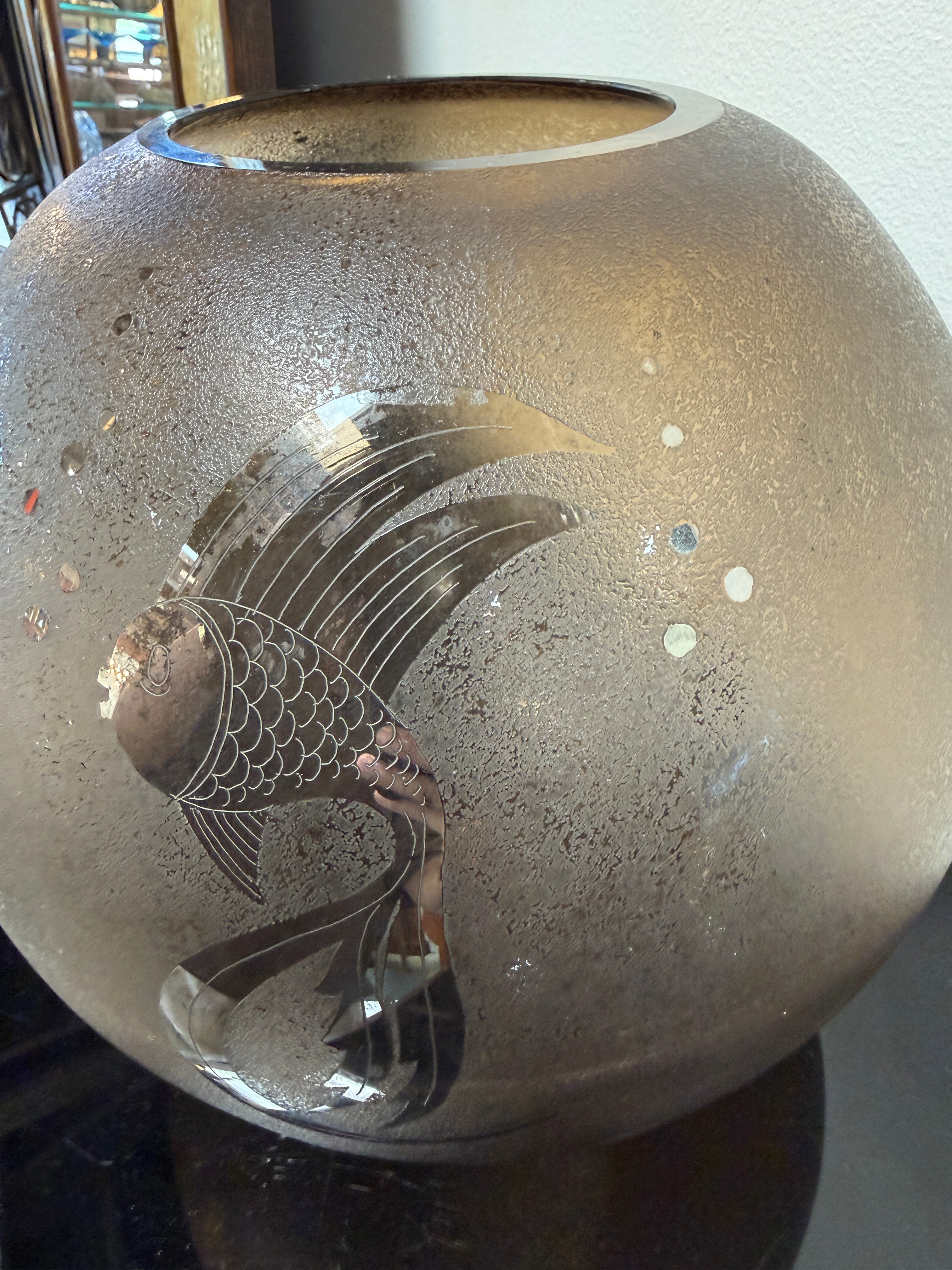 Italian Smoky Murano Glass Vase with Etched Fish Motif, 1970s