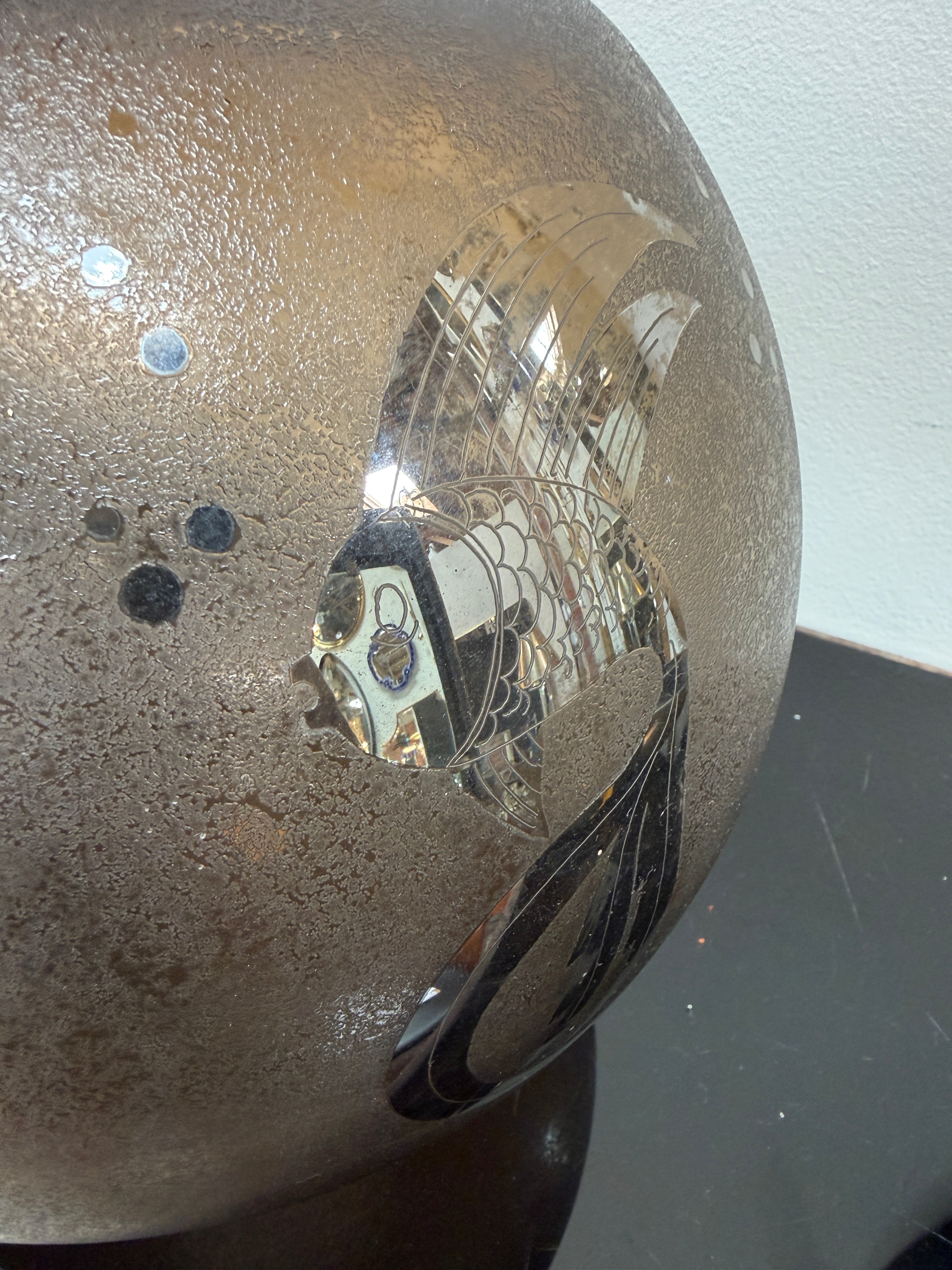 Italian Smoky Murano Glass Vase with Etched Fish Motif, 1970s