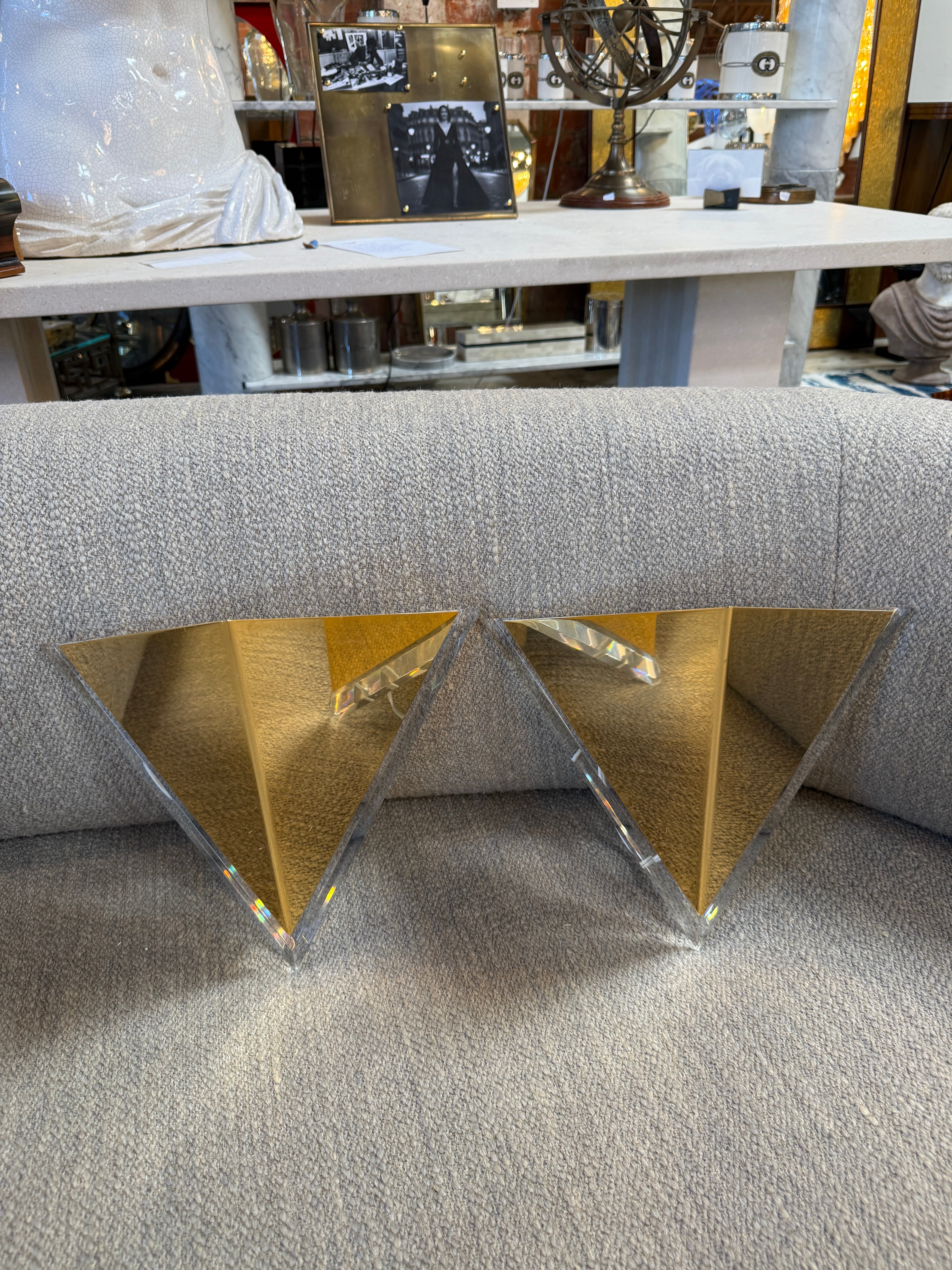 Pair of Mid-Century Acrylic and Brass Geometric Sconces, 1970s