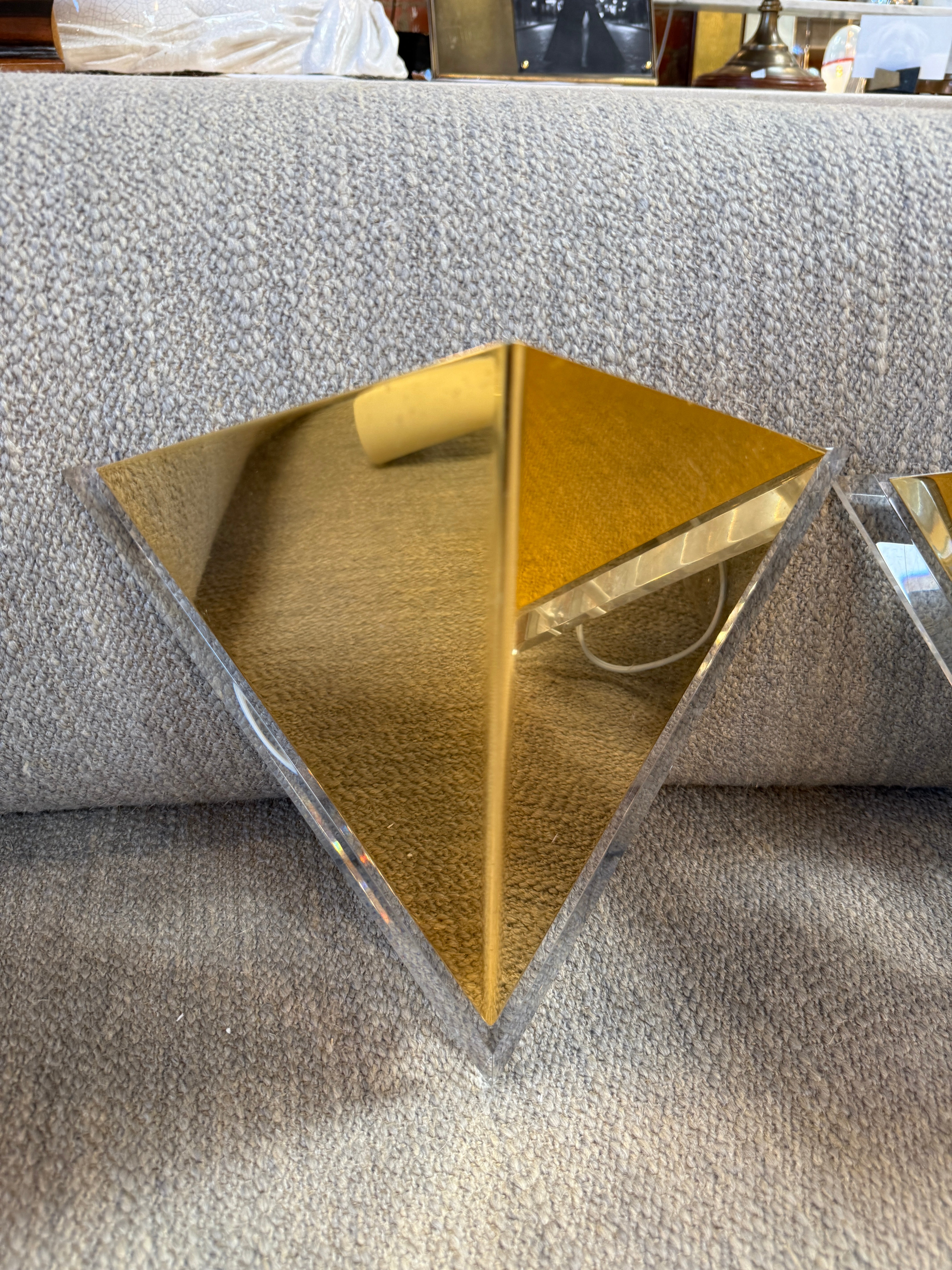 Pair of Mid-Century Acrylic and Brass Geometric Sconces, 1970s