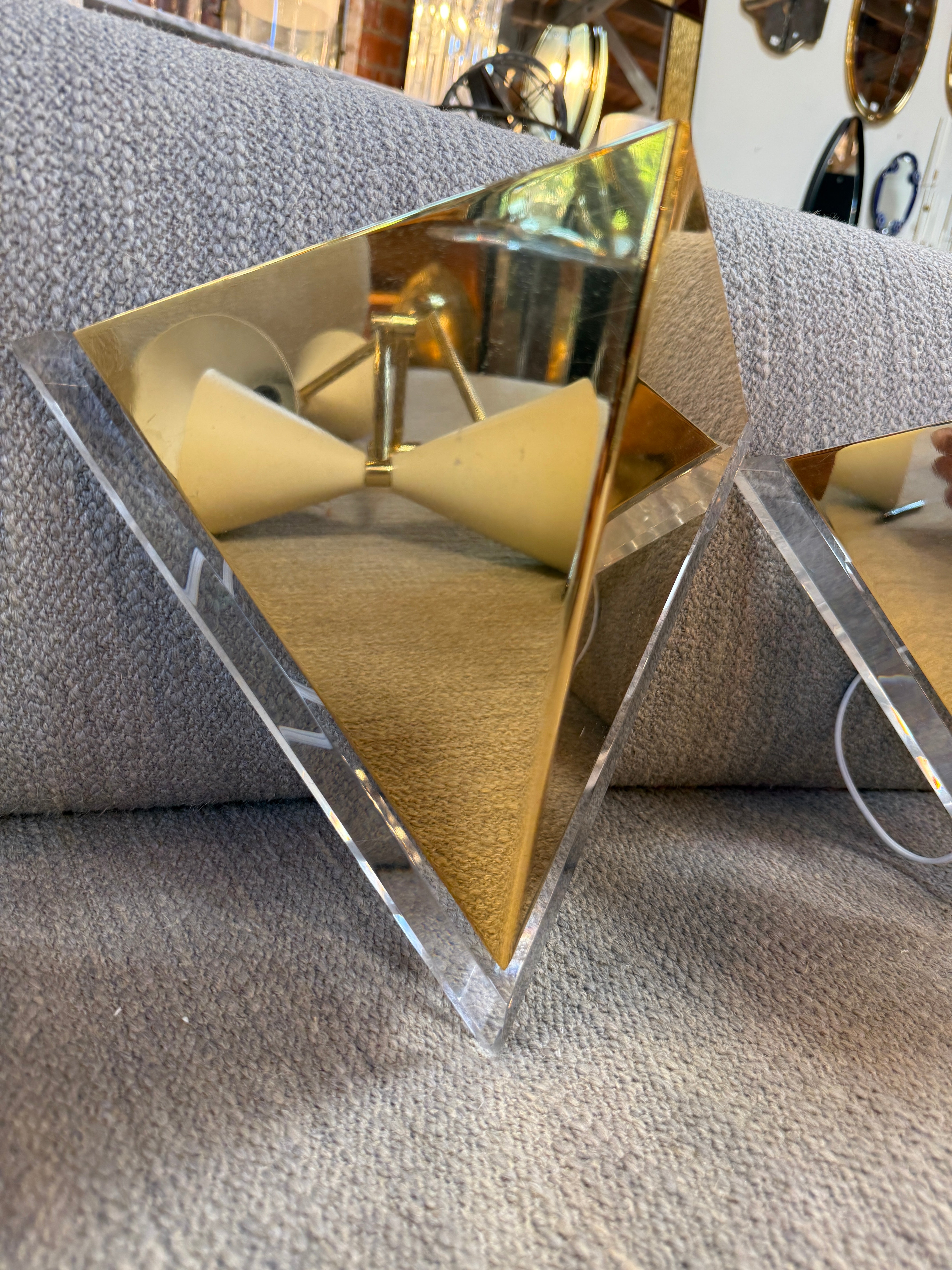 Pair of Mid-Century Acrylic and Brass Geometric Sconces, 1970s