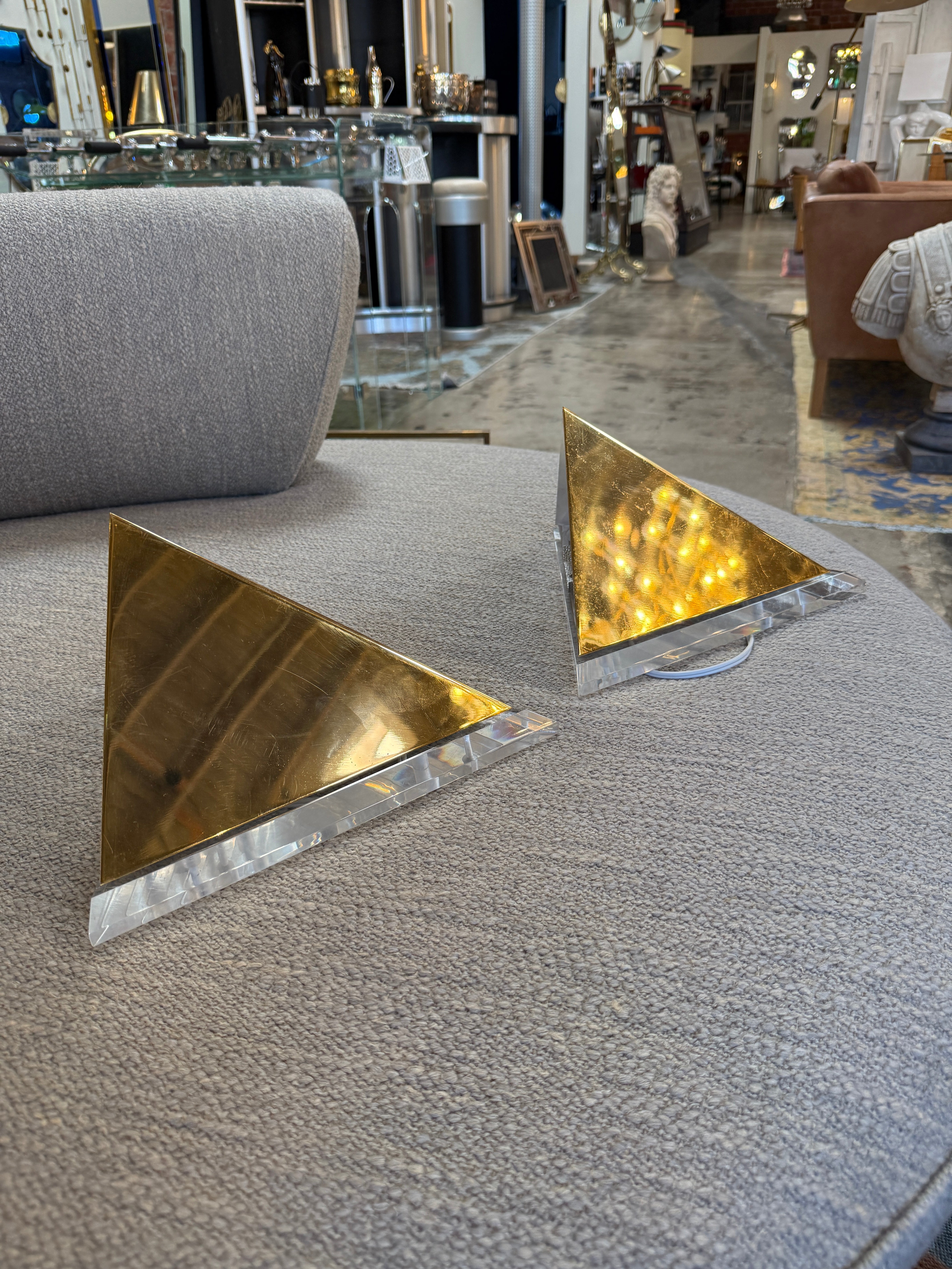 Pair of Mid-Century Acrylic and Brass Geometric Sconces, 1970s