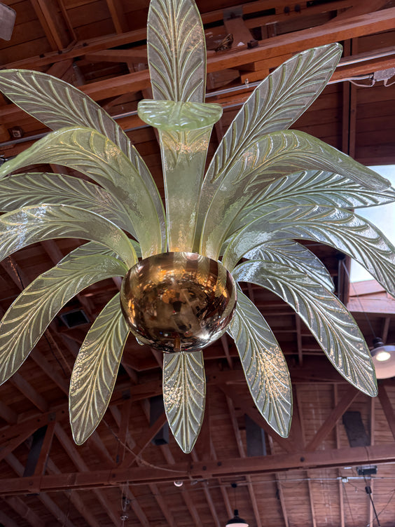 Murano Glass and Brass Chandelier in Green Glass Palm Leaves