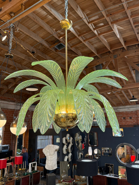 Murano Glass and Brass Chandelier in Green Glass Palm Leaves