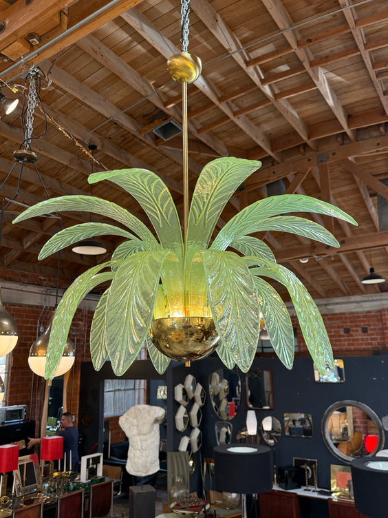 Murano Glass and Brass Chandelier in Green Glass Palm Leaves