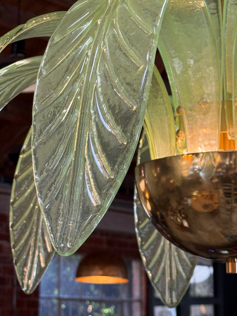 Murano Glass and Brass Chandelier in Green Glass Palm Leaves