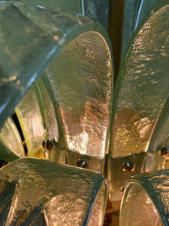 Murano Glass and Brass Chandelier in Green Glass Palm Leaves