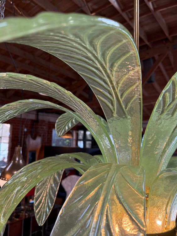 Murano Glass and Brass Chandelier in Green Glass Palm Leaves