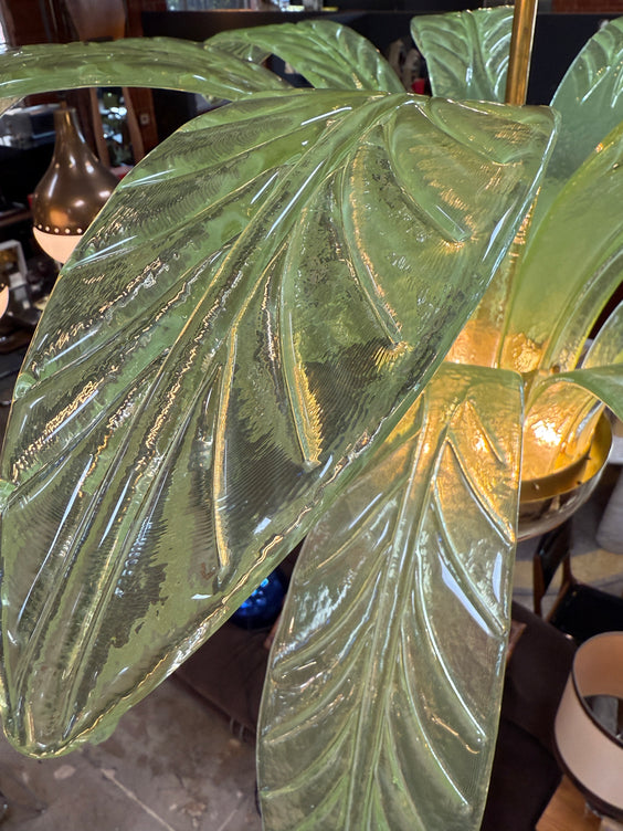 Murano Glass and Brass Chandelier in Green Glass Palm Leaves