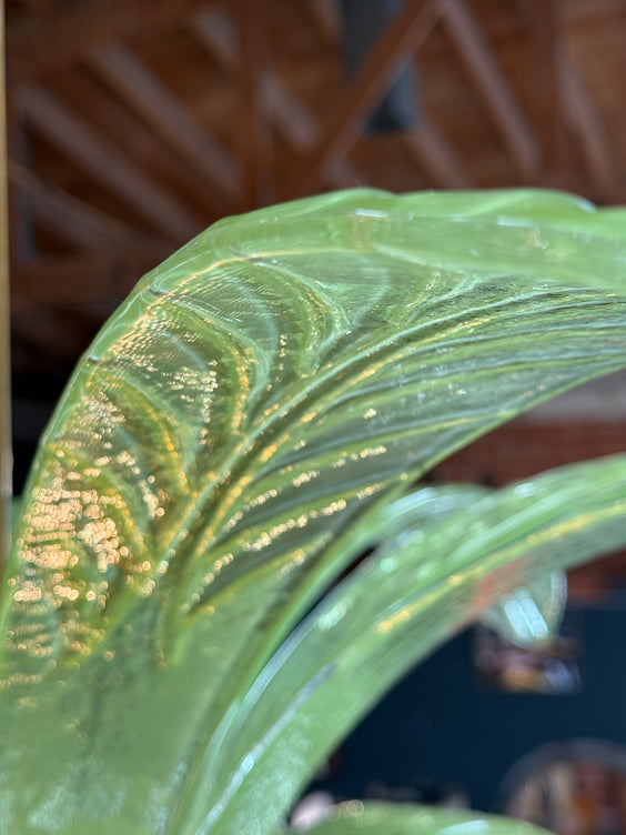 Murano Glass and Brass Chandelier in Green Glass Palm Leaves