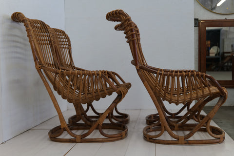 Pair of 4 Vintage Italian Tito Agnoli Rattan Chairs 1950s