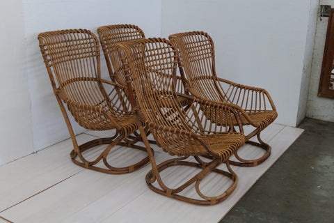 Pair of 4 Vintage Italian Tito Agnoli Rattan Chairs 1950s