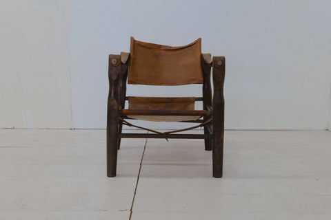 Vintage Italian Leather and Wood Safari Chair 1970s