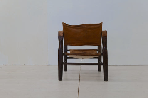 Vintage Italian Leather and Wood Safari Chair 1970s