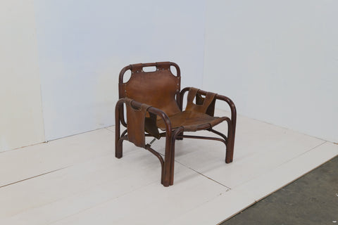 Vintage safari armchair in bamboo and leather by Tito Agnoli for Bonacina 1960s