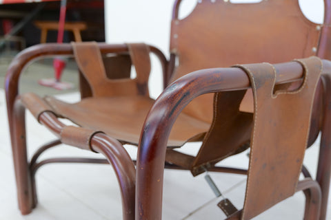 Vintage safari armchair in bamboo and leather by Tito Agnoli for Bonacina 1960s