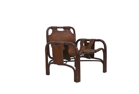 Vintage safari armchair in bamboo and leather by Tito Agnoli for Bonacina 1960s