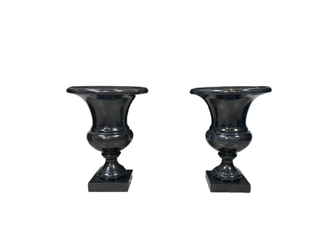 Pair of 2 Italian Decorative Black Marble Vases 1960