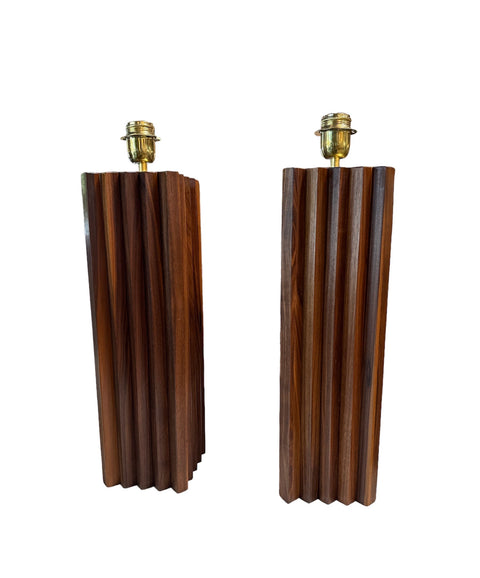 Pair of 2 Italian Mid Century Wood and Brass Table Lamps 1980s