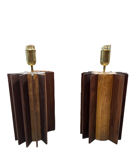 Pair of 2 Italian Mid Century Wood Table Lamps 1980s