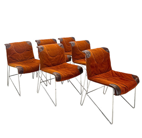 Set of 6 Mid-Century Modern Italian Orange Chairs by Guido Faleschini 1970s