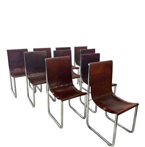 Set of 10 Mid Century Italian Leather and Chrome Dining Chairs 1980s